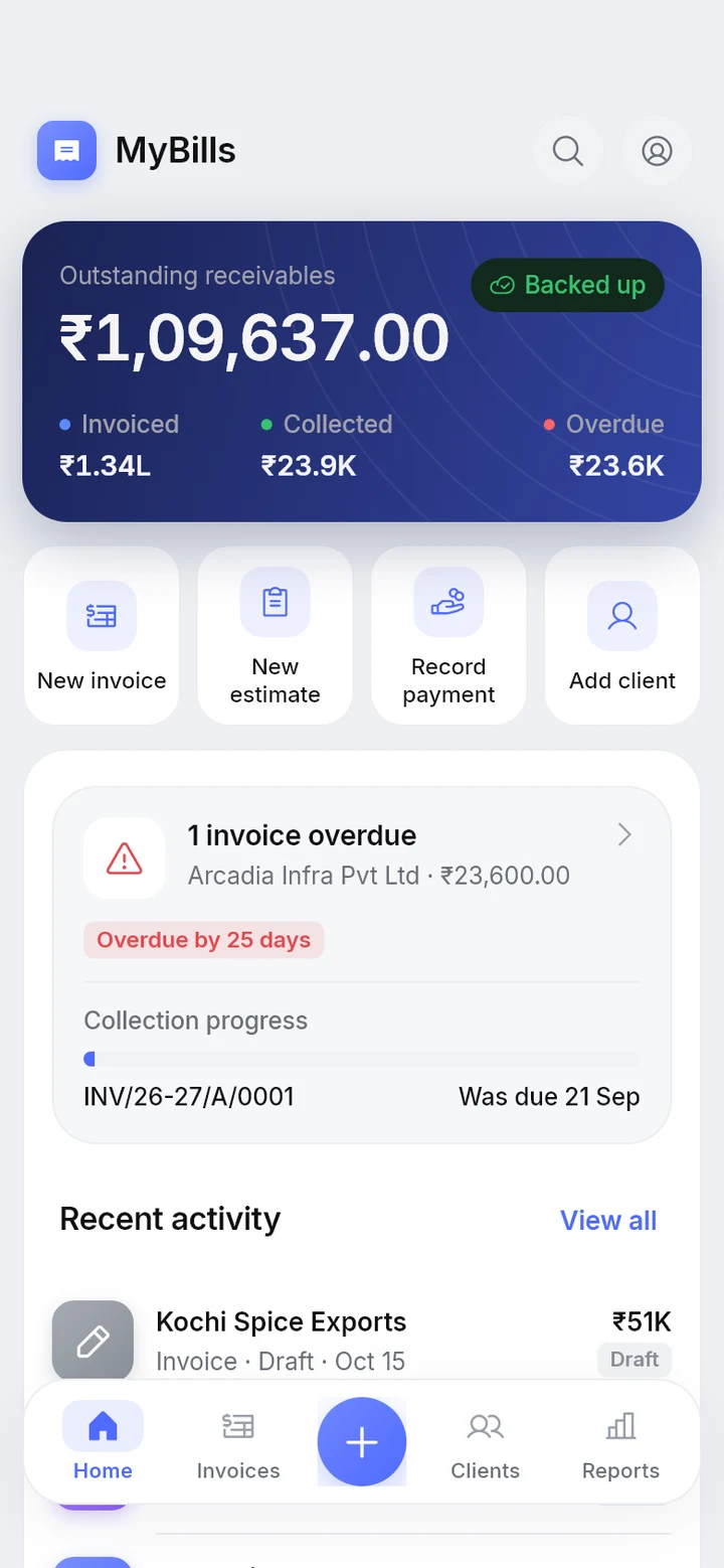 MyBills home screen on a phone